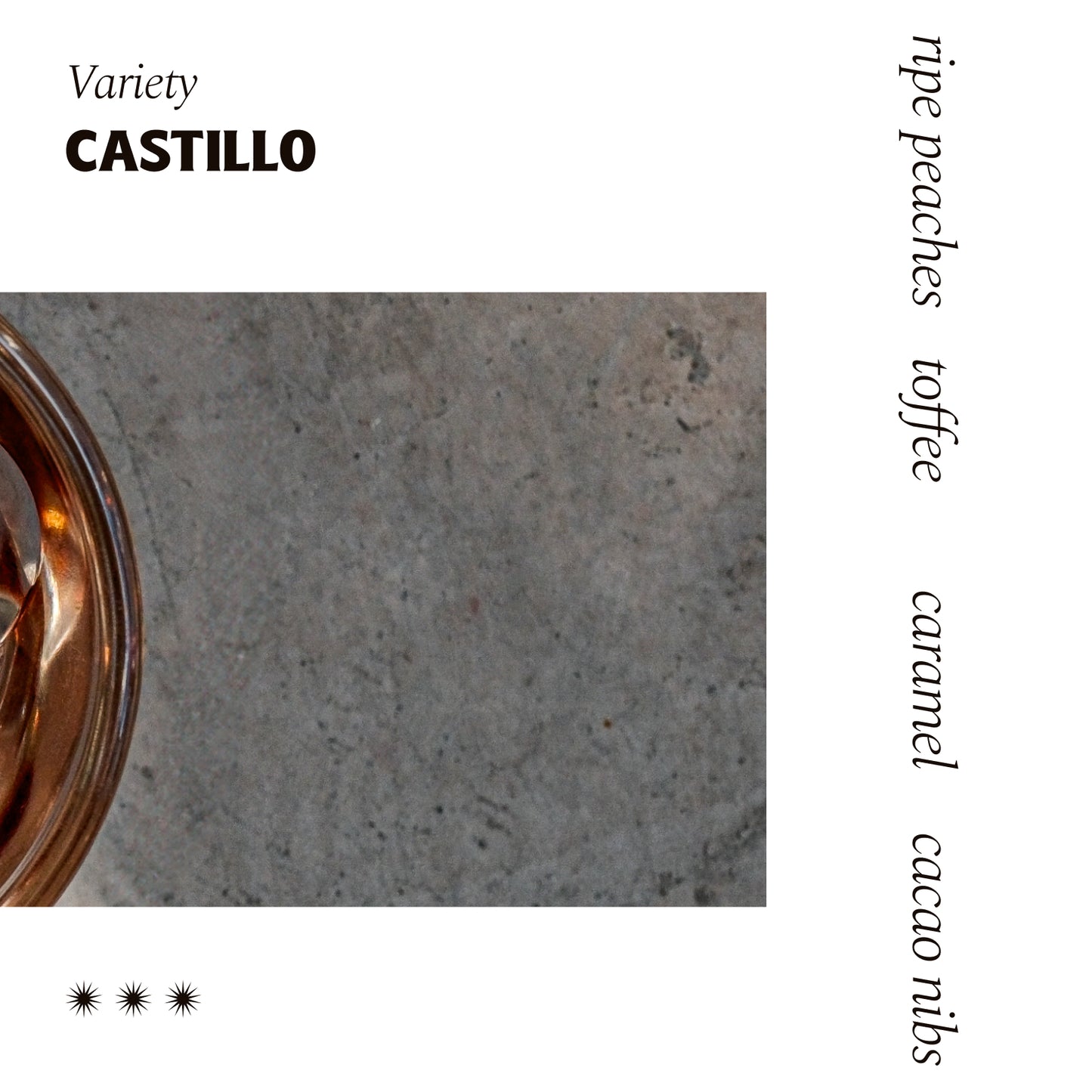 Jairo Arcila variety castillo and tasting notes of: ripe peaches, toffee, caramel and cacao nibs.
