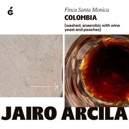 Jairo Arcila label, washed process, anaerobic with wine yeast and peaches.  Hovering over a glass of pour over coffee.