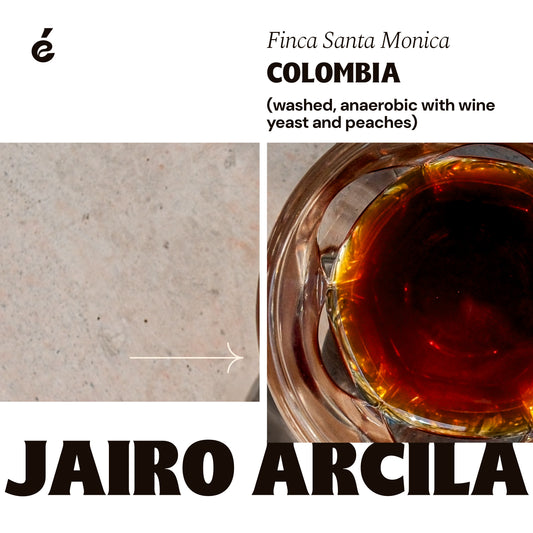 Jairo Arcila label, washed process, anaerobic with wine yeast and peaches.  Hovering over a glass of pour over coffee.